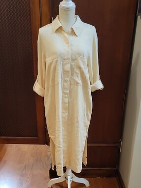 Monrow | Cream Linen Blend Roll Tab Sleeve Shirt Dress Midi Length - Size Large